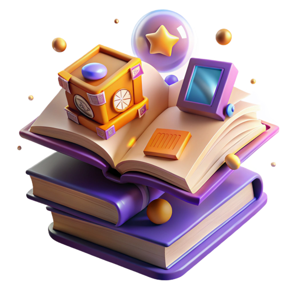 extraordinary contemporary 3D Book Stack Illustration Open Book with Magical Items genuine png