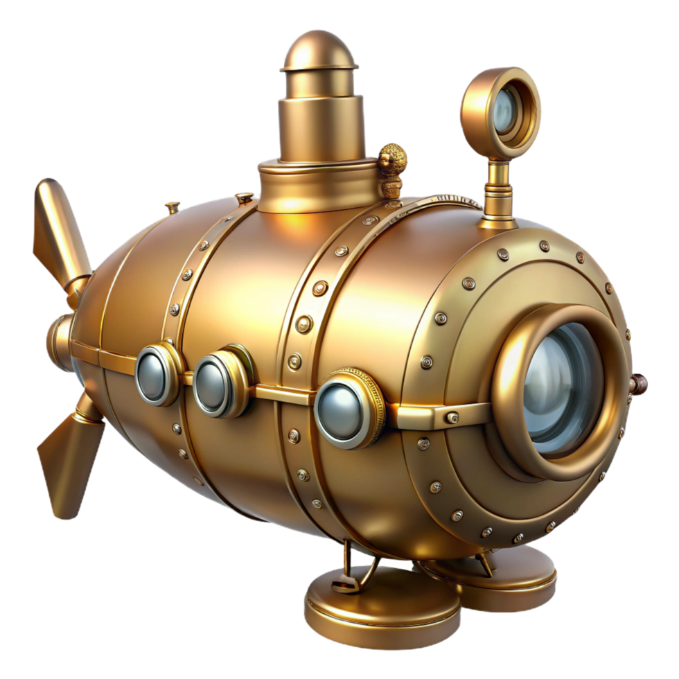 beautiful creative Golden Steampunk Submarine 3D Render high quality png