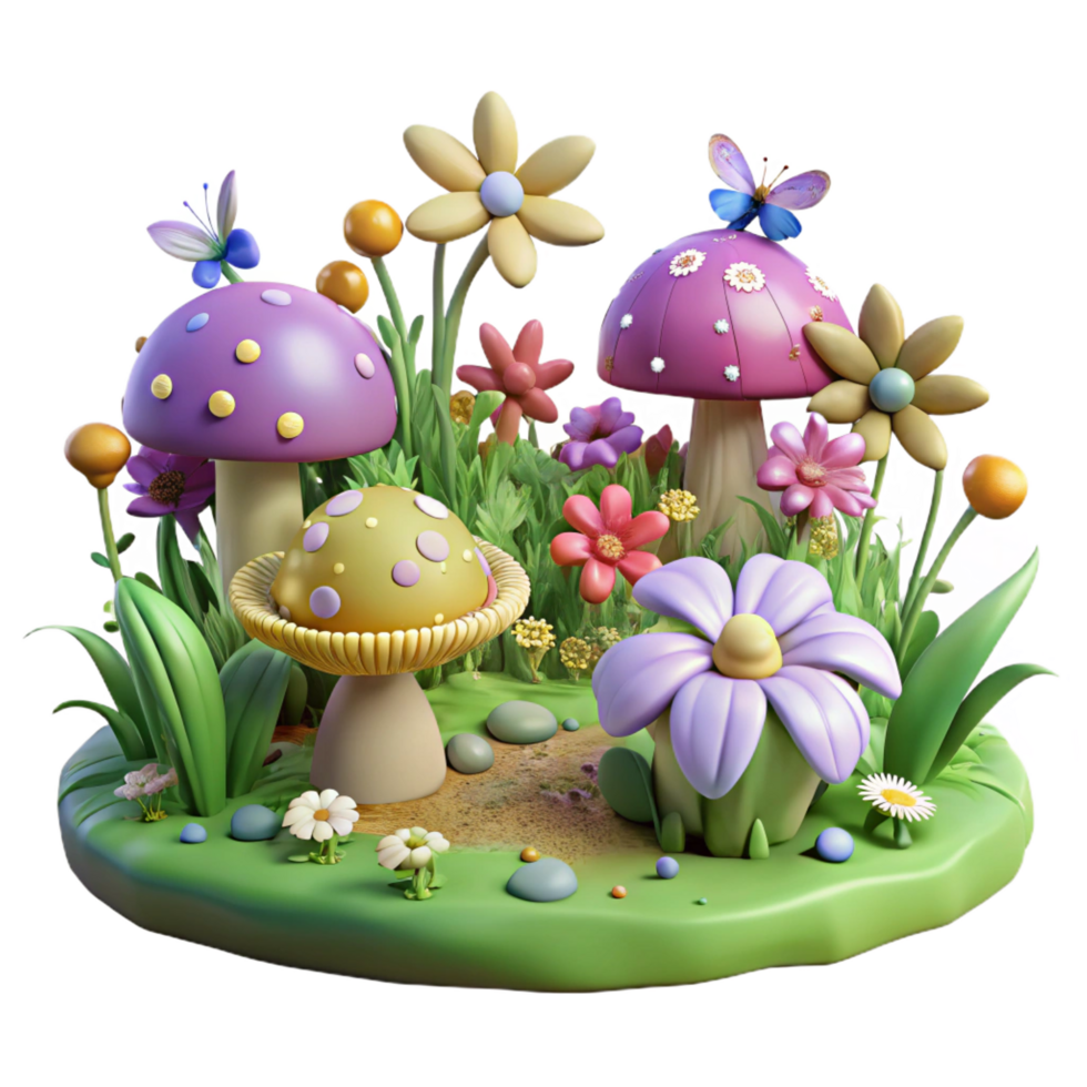 vibrant minimalist Enchanted 3D Mushroom Garden Illustration exclusive png