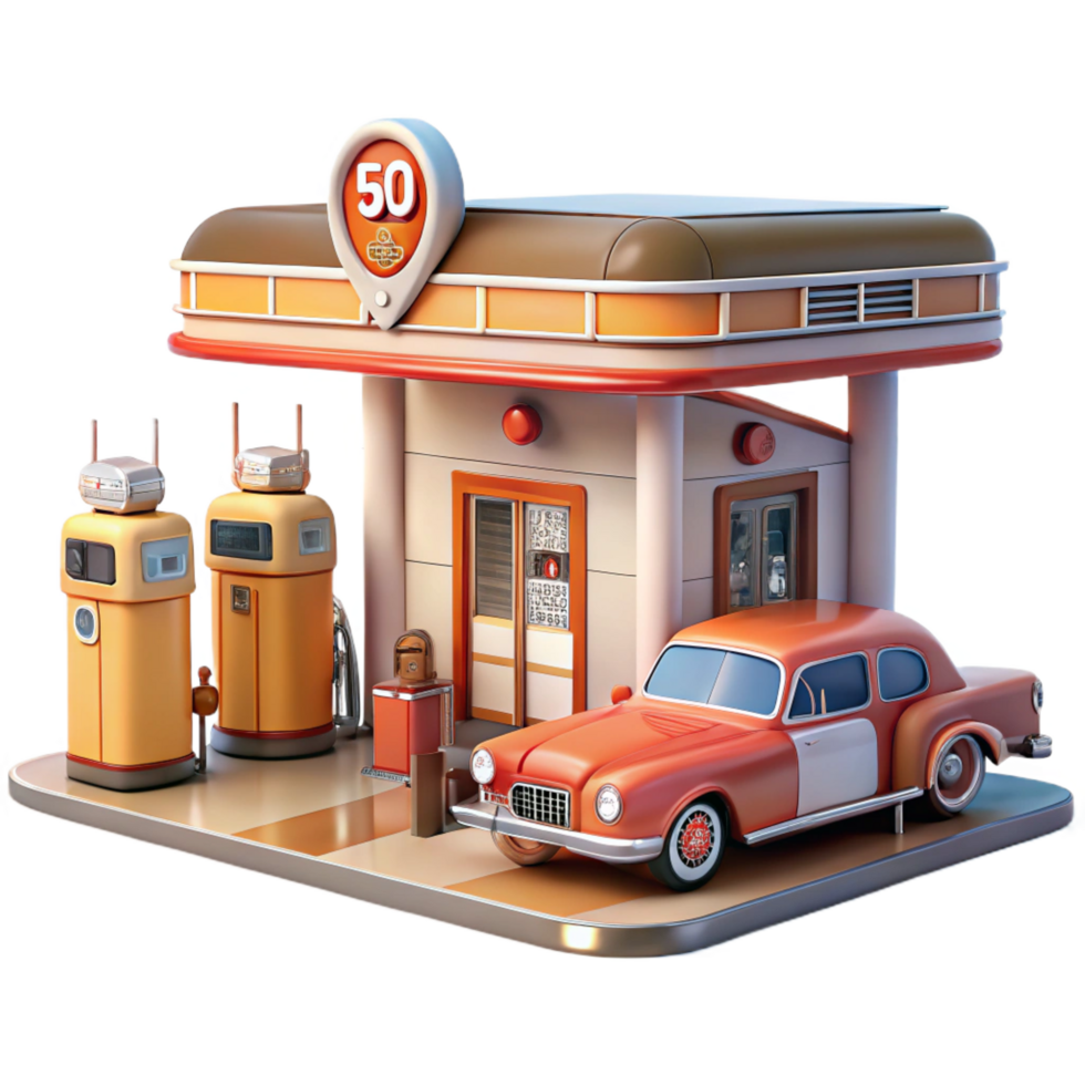 vibrant rustic Retro Gas Station 3D Illustration exclusive png