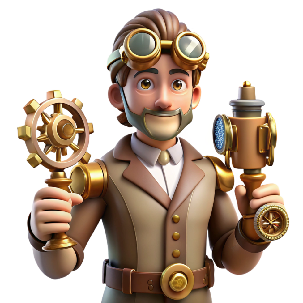 vibrant classic Steampunk Inventor 3D Illustration detailed png