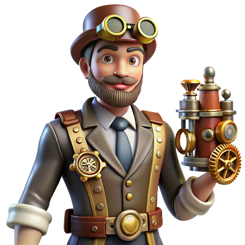 vibrant rustic Steampunk Inventor 3D Illustration professional png