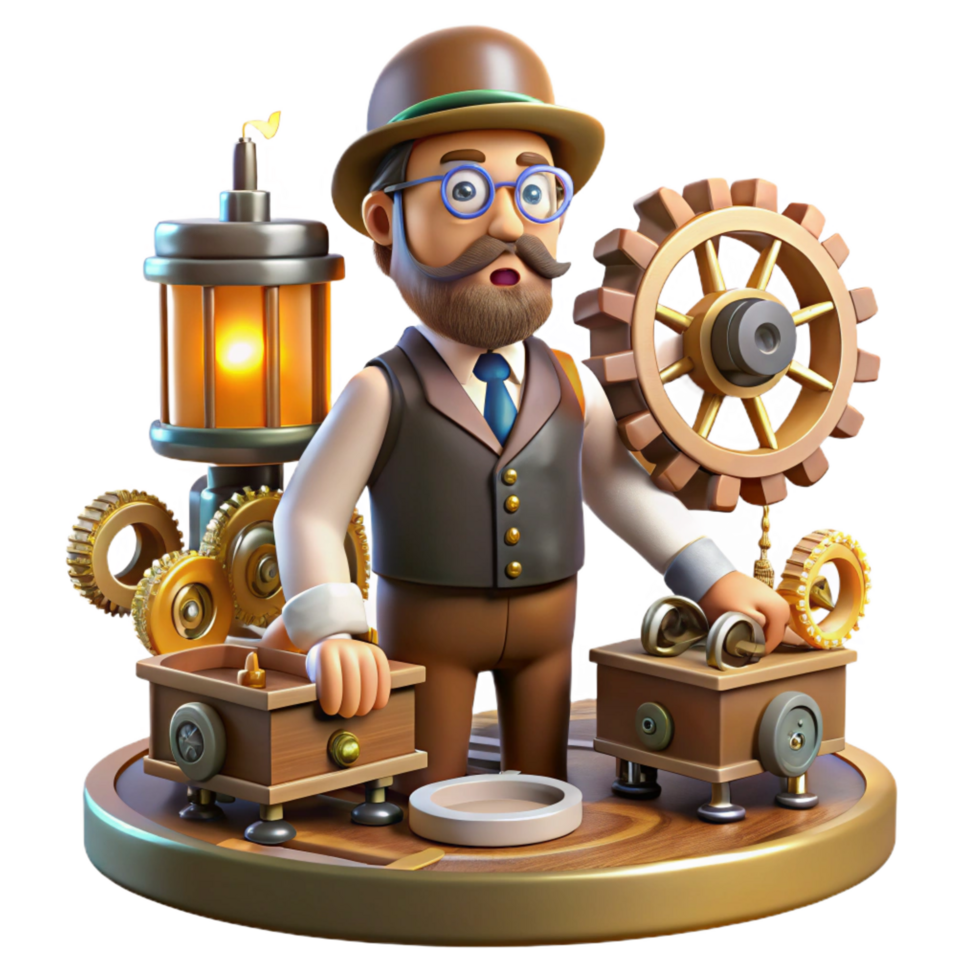 serene artistic Steampunk Inventor 3D Illustration original png
