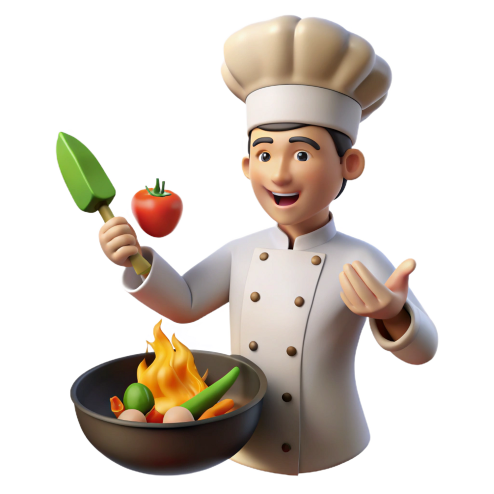 vibrant rustic 3D Cartoon Chef Cooking Vegetables Illustration high quality png