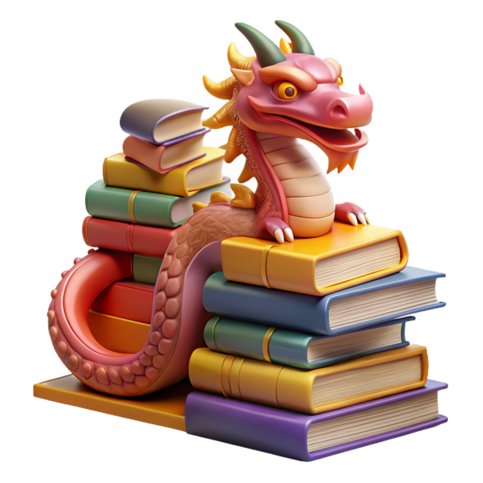 beautiful contemporary Cute Dragon 3D Render with Books high resolution png
