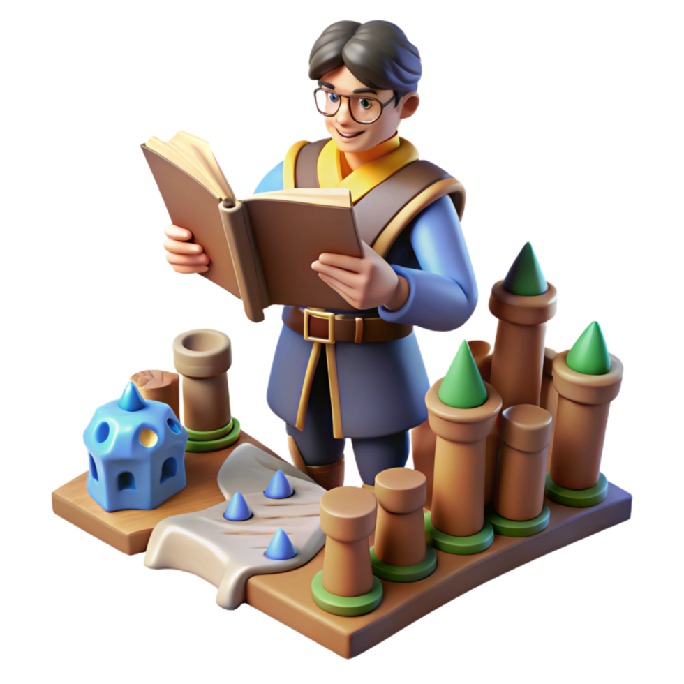 elegant minimalist 3D Cartoon Wizard Reading Book near Castle Illustration original png