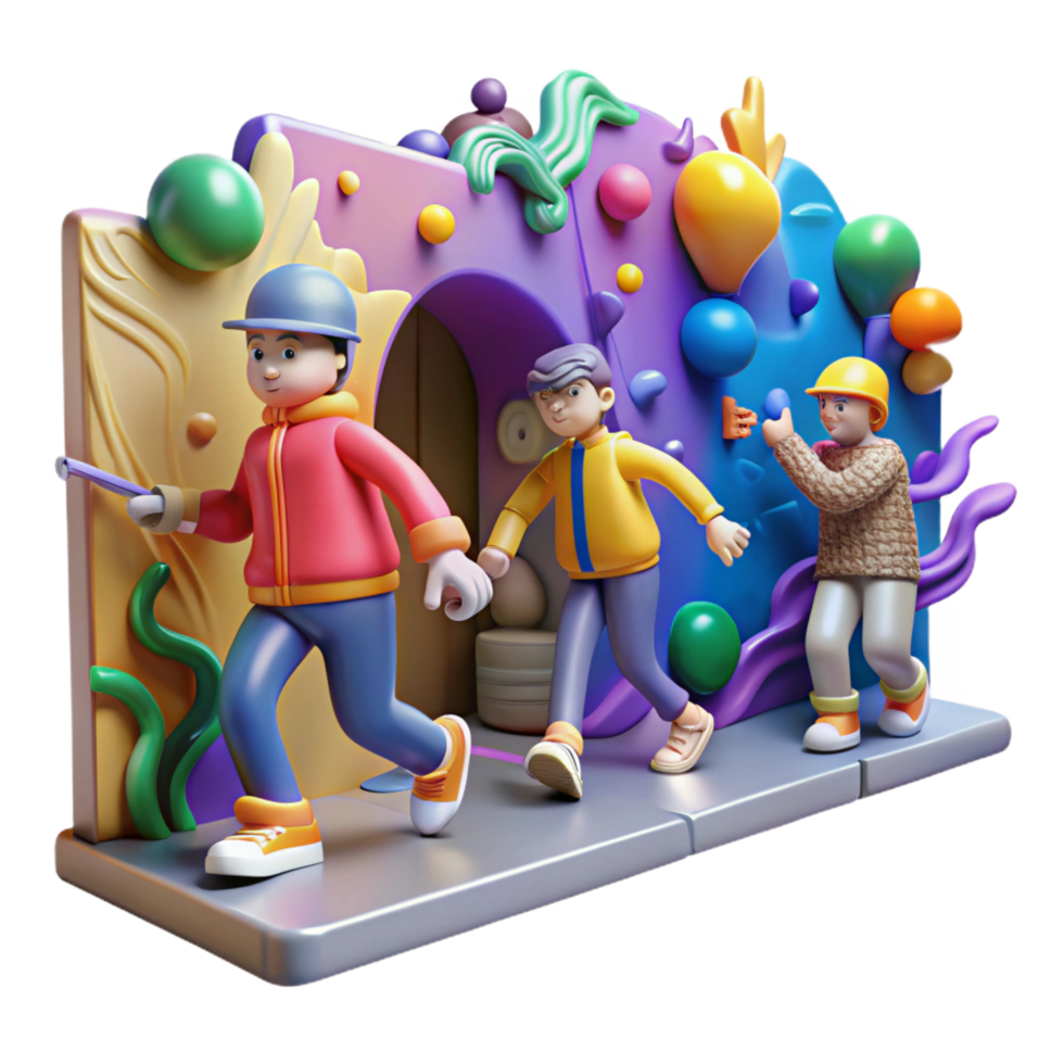 stunning modern 3D Illustration Kids Exploring Colorful Play Wall high resolution png