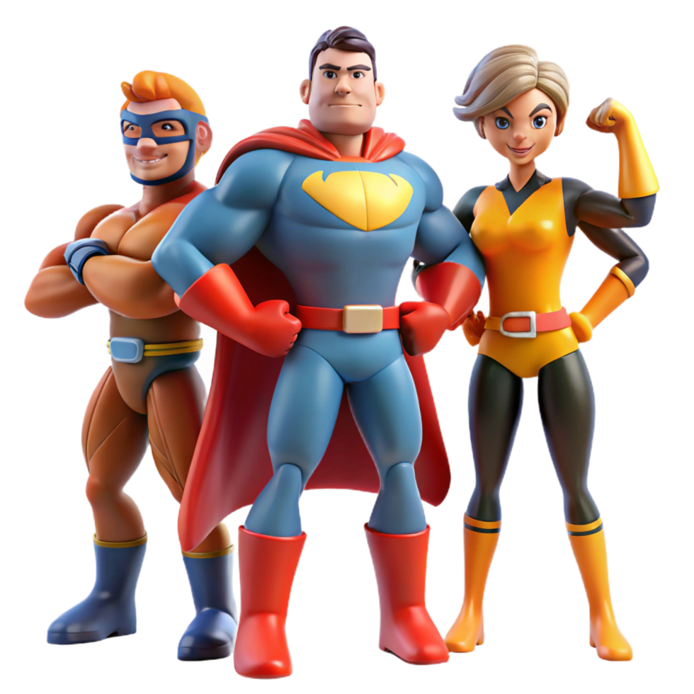 beautiful contemporary 3D Cartoon Superhero Team Illustration detailed png