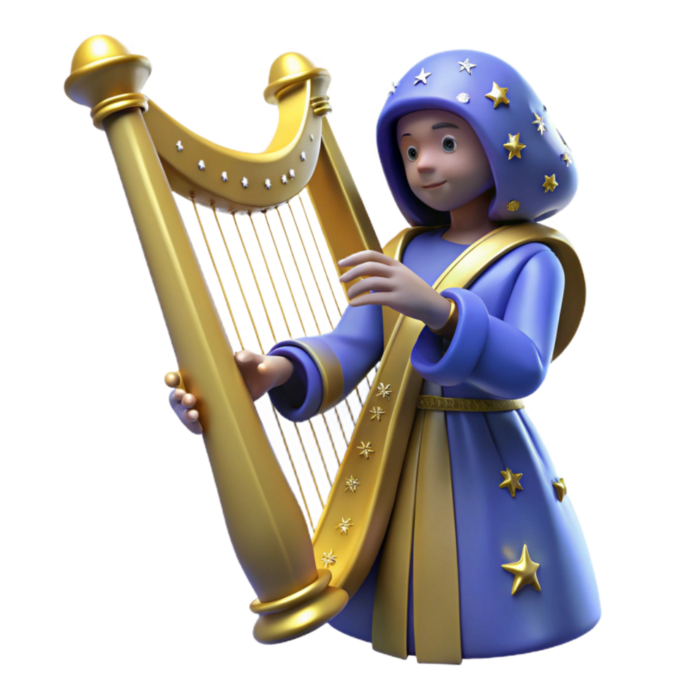 elegant artistic 3D Render of a Cartoon Wizard Playing a Harp detailed png