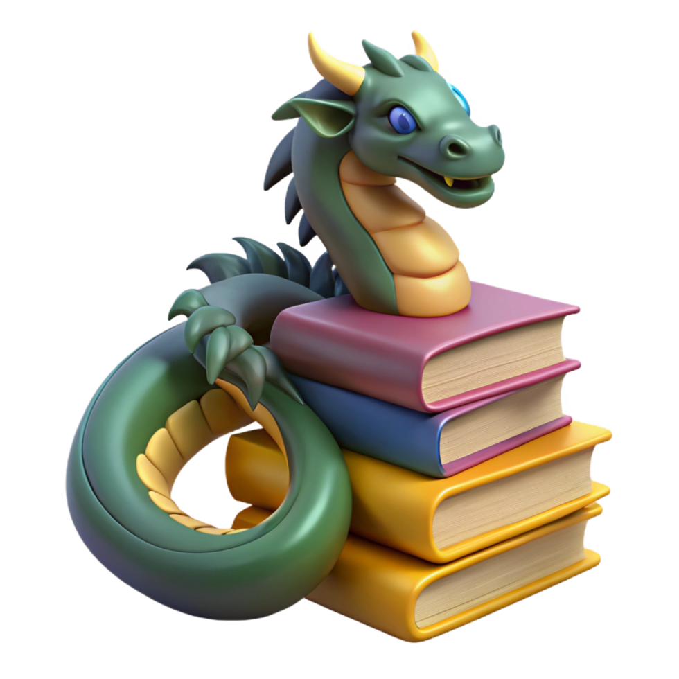 serene minimalist Cute Dragon 3D Render with Books authentic png