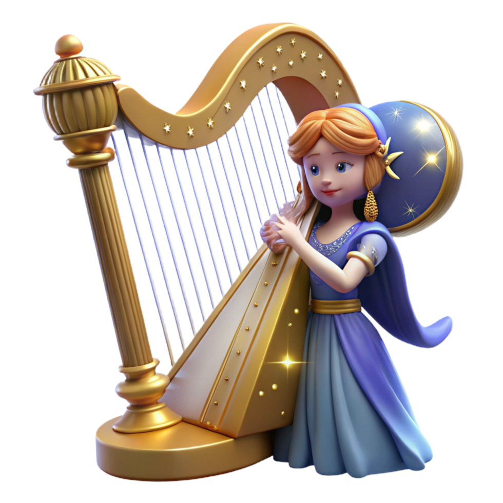 vibrant traditional 3D Render Girl Playing Golden Harp high quality png