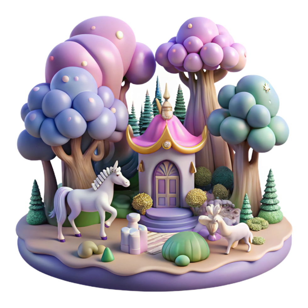 dramatic abstract Whimsical 3D Unicorn Forest Scene high quality png
