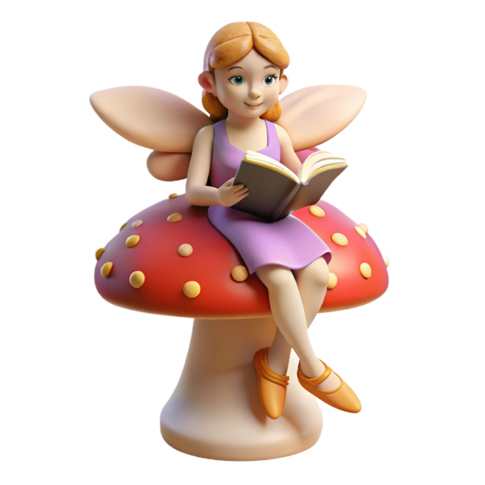 elegant artistic 3D Render Fairy Reading Book on Mushroom professional png