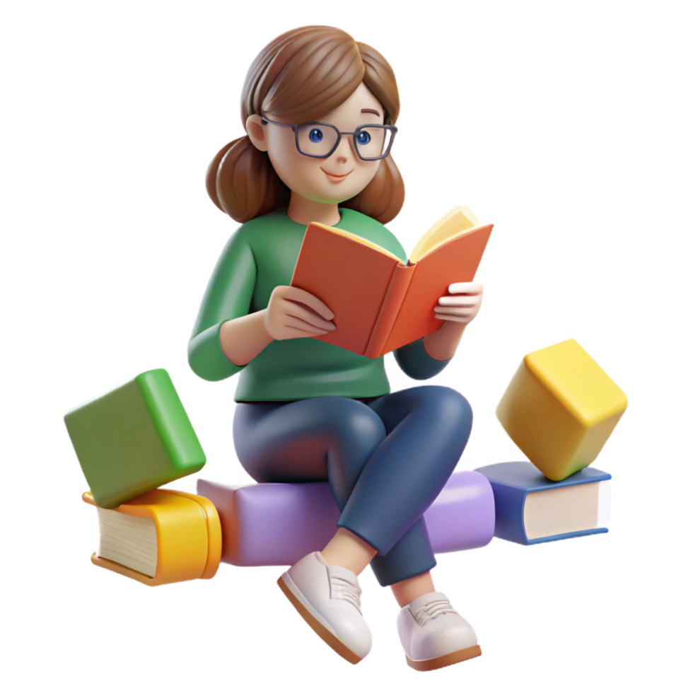 serene traditional 3D Illustration Girl Reading Book high resolution png