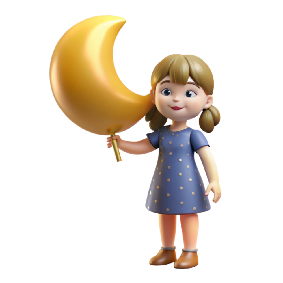 serene modern Cute Girl with Crescent Moon Balloon 3D Render high resolution png