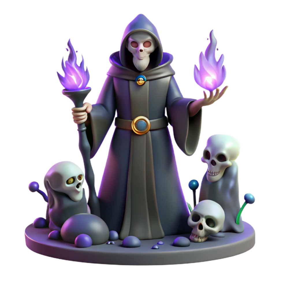 beautiful rustic 3D Render Dark Wizard with Skulls detailed png