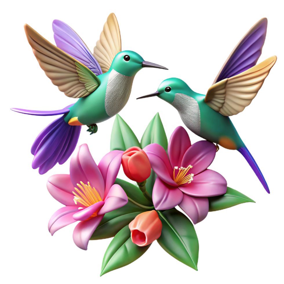 wonderful traditional Hummingbirds and Flowers 3D Illustration authentic png