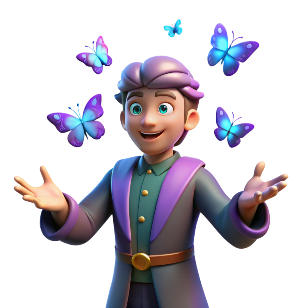 vibrant minimalist 3D Cartoon Boy with Butterflies high quality png
