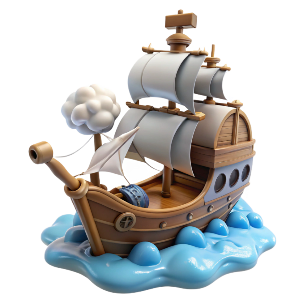 impressive rustic Cartoon Wooden Sailing Ship 3D Render detailed png