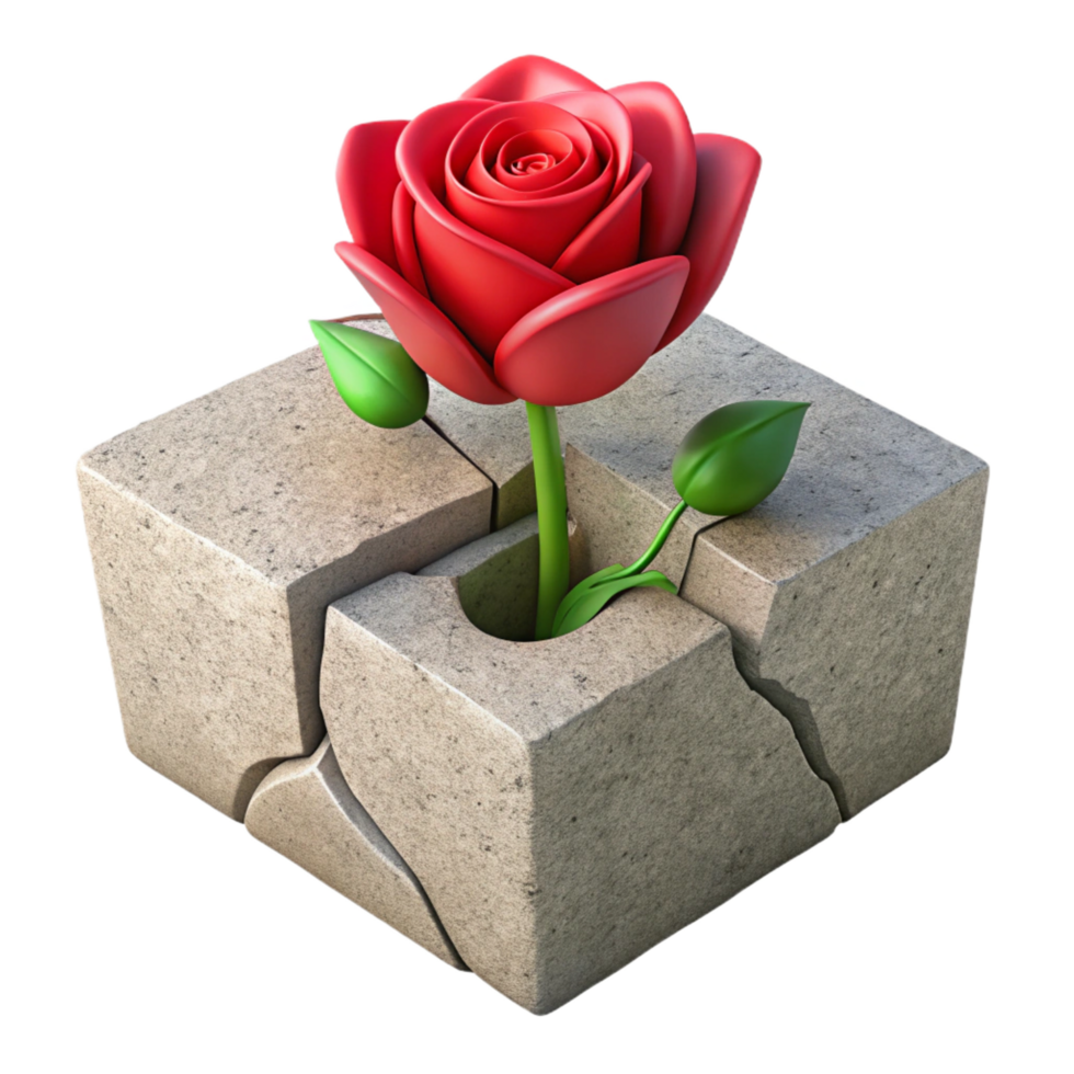 serene abstract 3D Render Red Rose Breaking Stone Cube premium png
