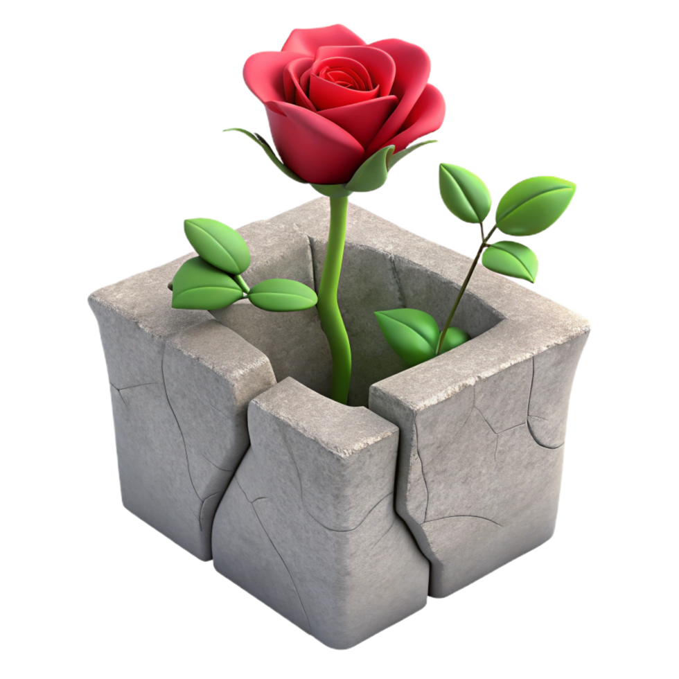 vibrant modern 3D Render Red Rose Breaking Stone Cube professional png