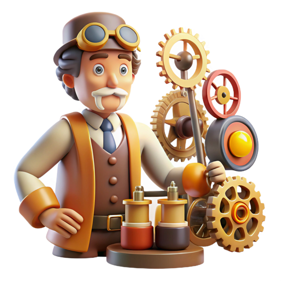 vibrant minimalist Steampunk Inventor 3D Illustration genuine png