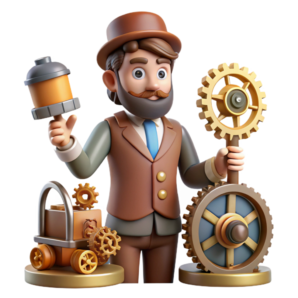 extraordinary rustic 3D Cartoon Inventor with Gears high resolution png