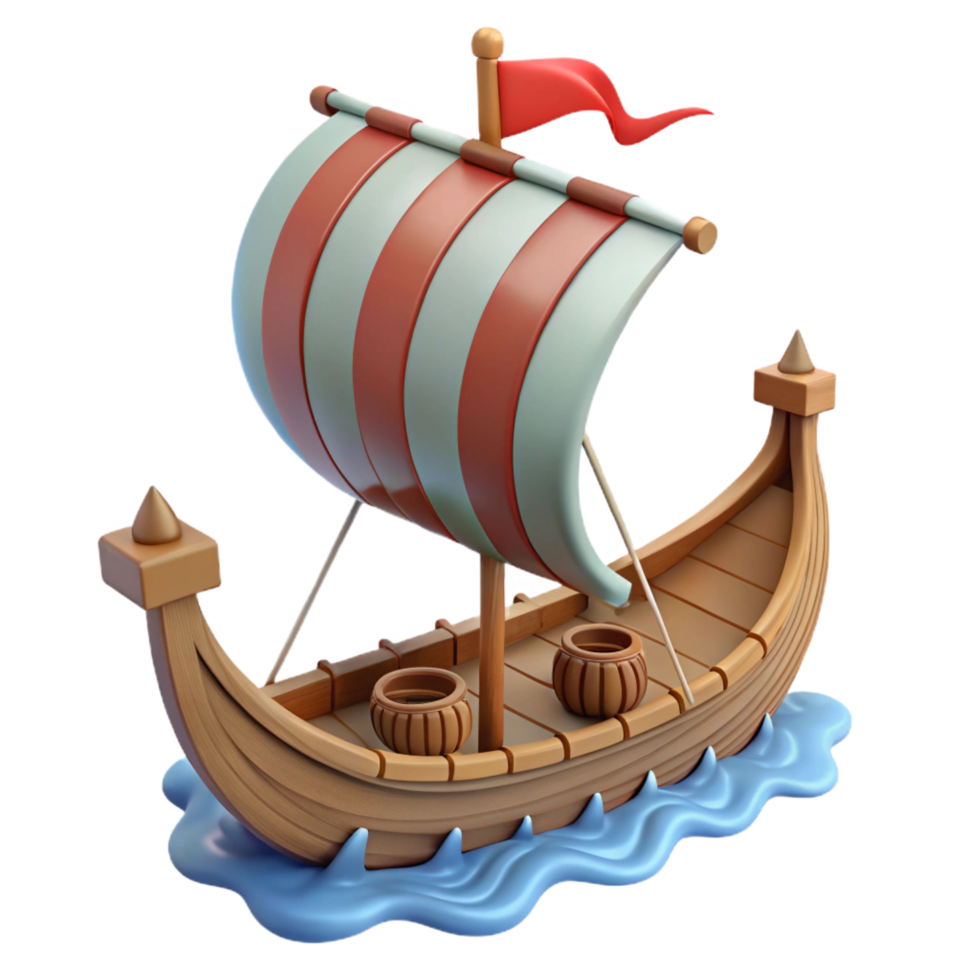 beautiful rustic Cartoon Wooden Sailboat 3D Render detailed png