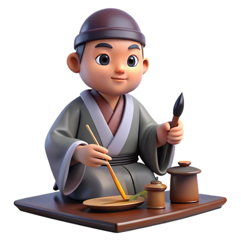 stunning traditional 3D Render of an Asian Artist Painting detailed png