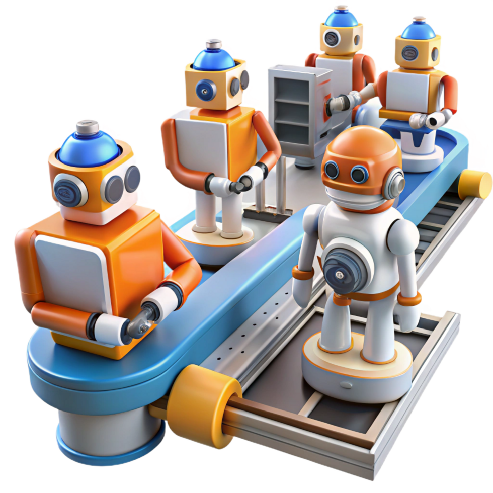 beautiful rustic 3D Render of Robots on Assembly Line original png