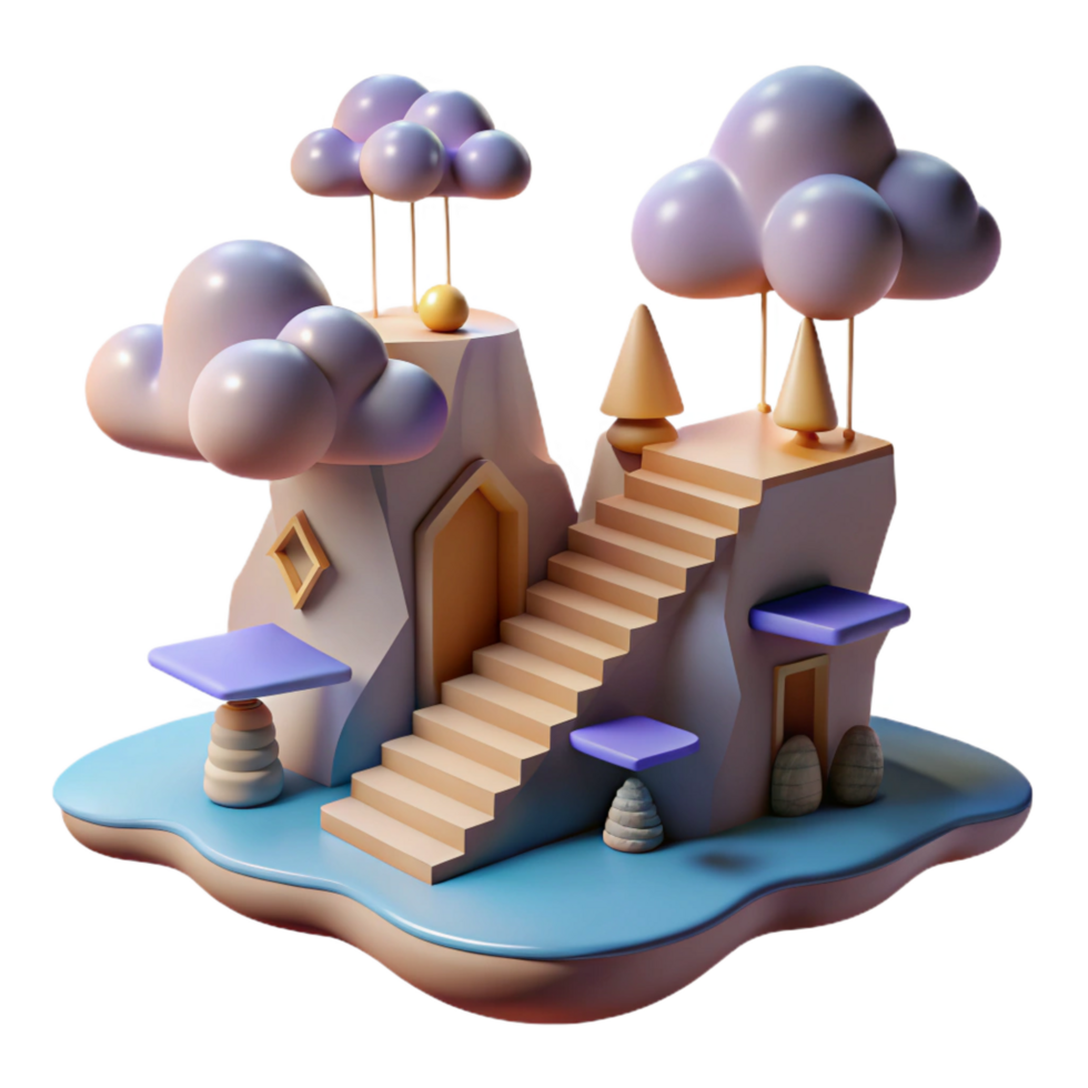 Whimsical 3D Island Render Clouds, Stairs, and a Tiny House png