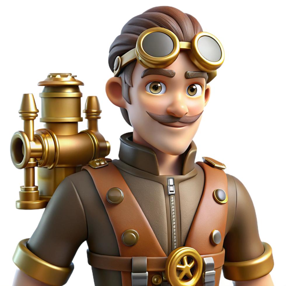 elegant contemporary Steampunk Inventor 3D Illustration high resolution png
