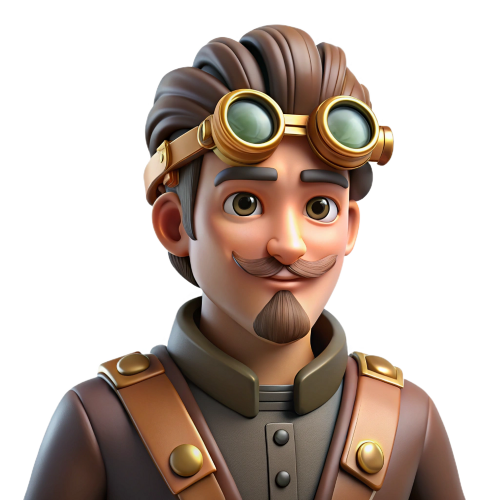 impressive rustic 3D Cartoon Inventor with Goggles original png