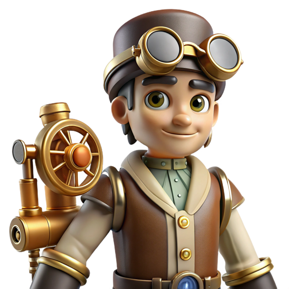 impressive vintage 3D Cartoon Steampunk Boy Illustration detailed png