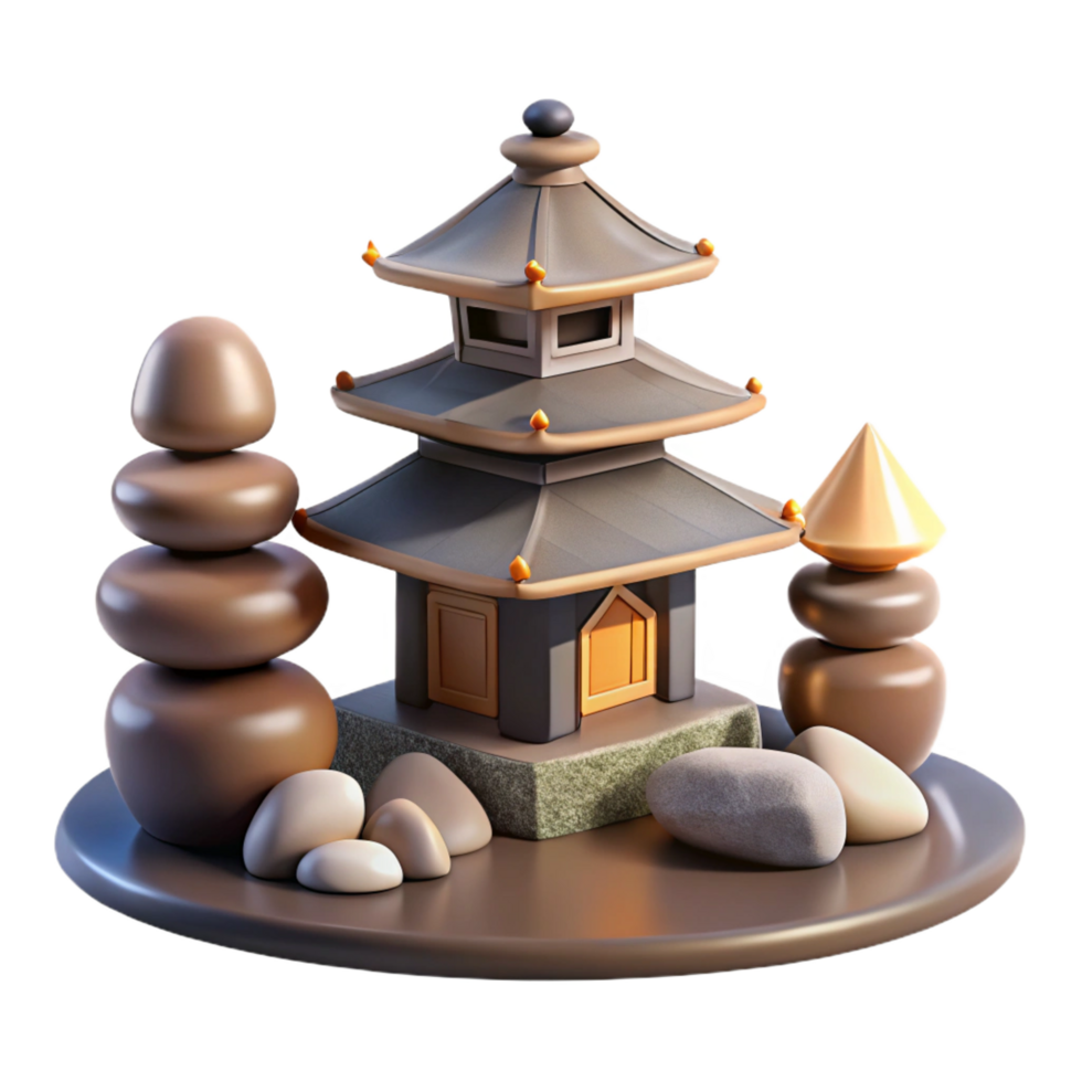 vibrant vintage 3D Render Pagoda Zen Garden Stones genuine png