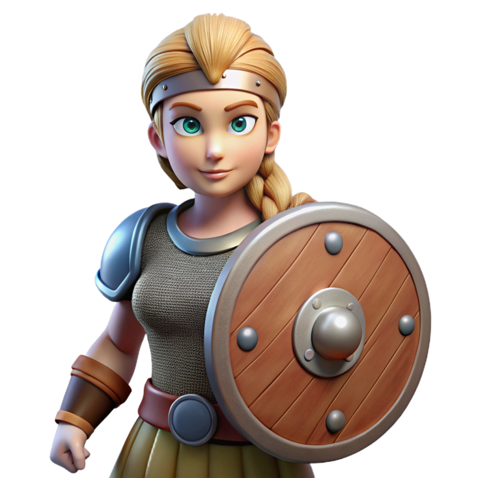 extraordinary creative 3D Cartoon Female Warrior with Shield premium png