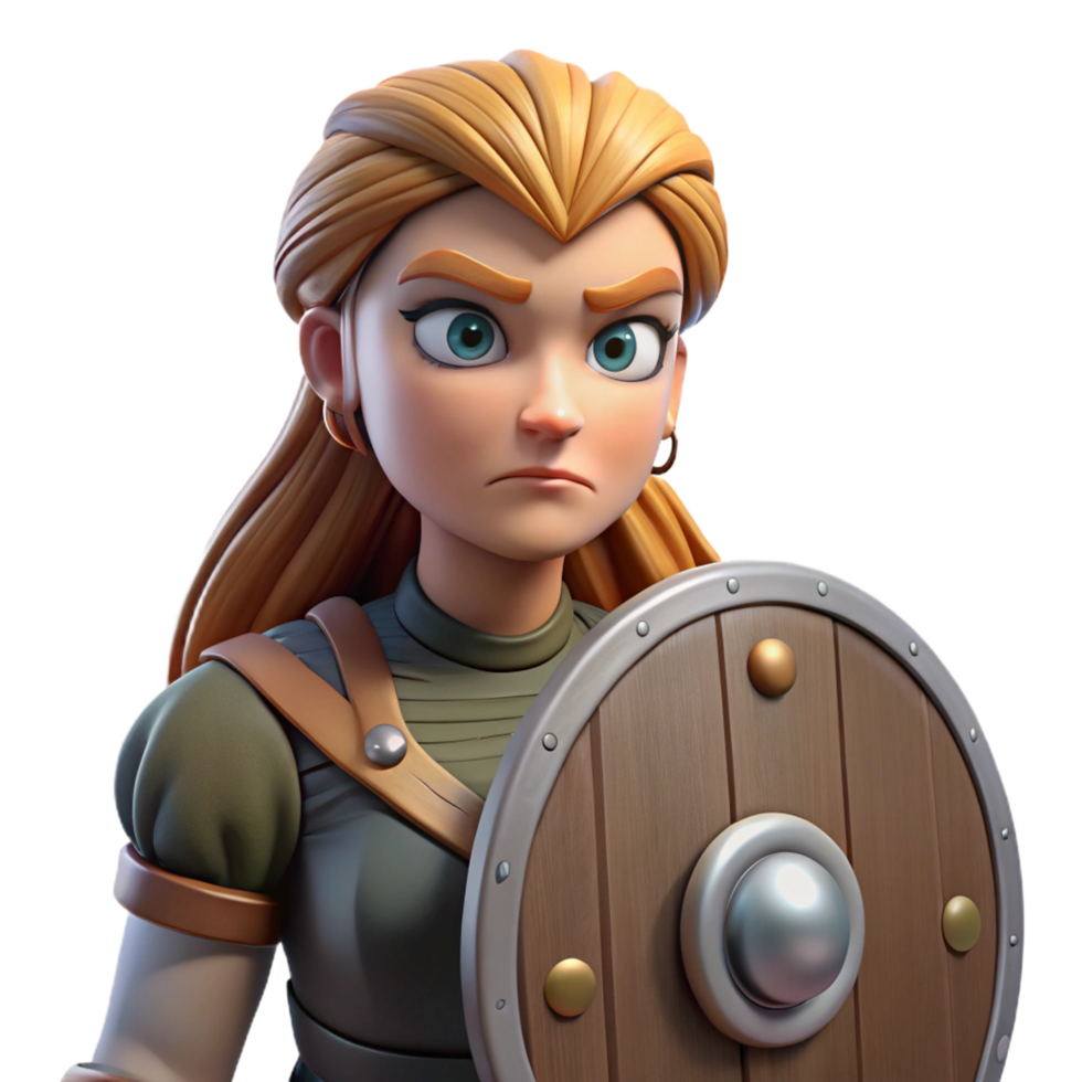extraordinary minimalist 3D Cartoon Female Warrior with Shield high resolution png