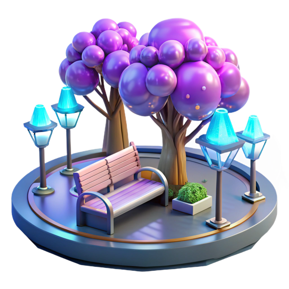 elegant minimalist 3D Park Bench and Glowing Trees Illustration exclusive png