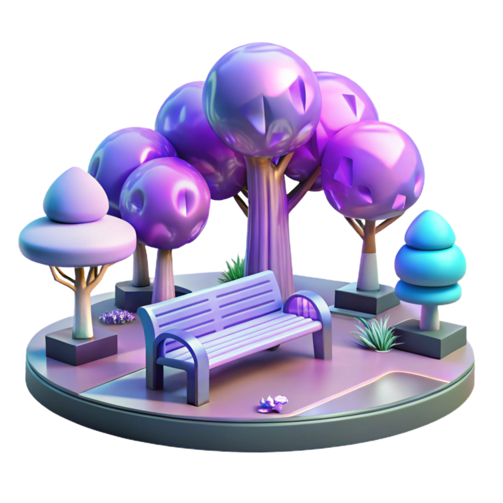 3D Park Bench Illustration Colorful Trees and Peaceful Setting png