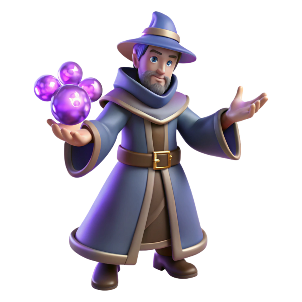wonderful rustic 3D Cartoon Wizard with Magic Balls Illustration high quality png