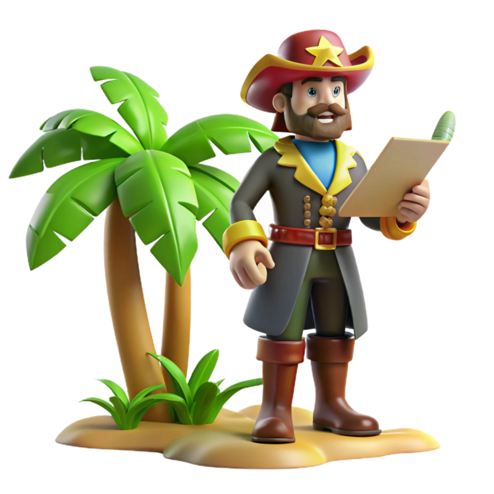 dramatic classic 3D Cartoon Pirate with Map on Tropical Island high resolution png