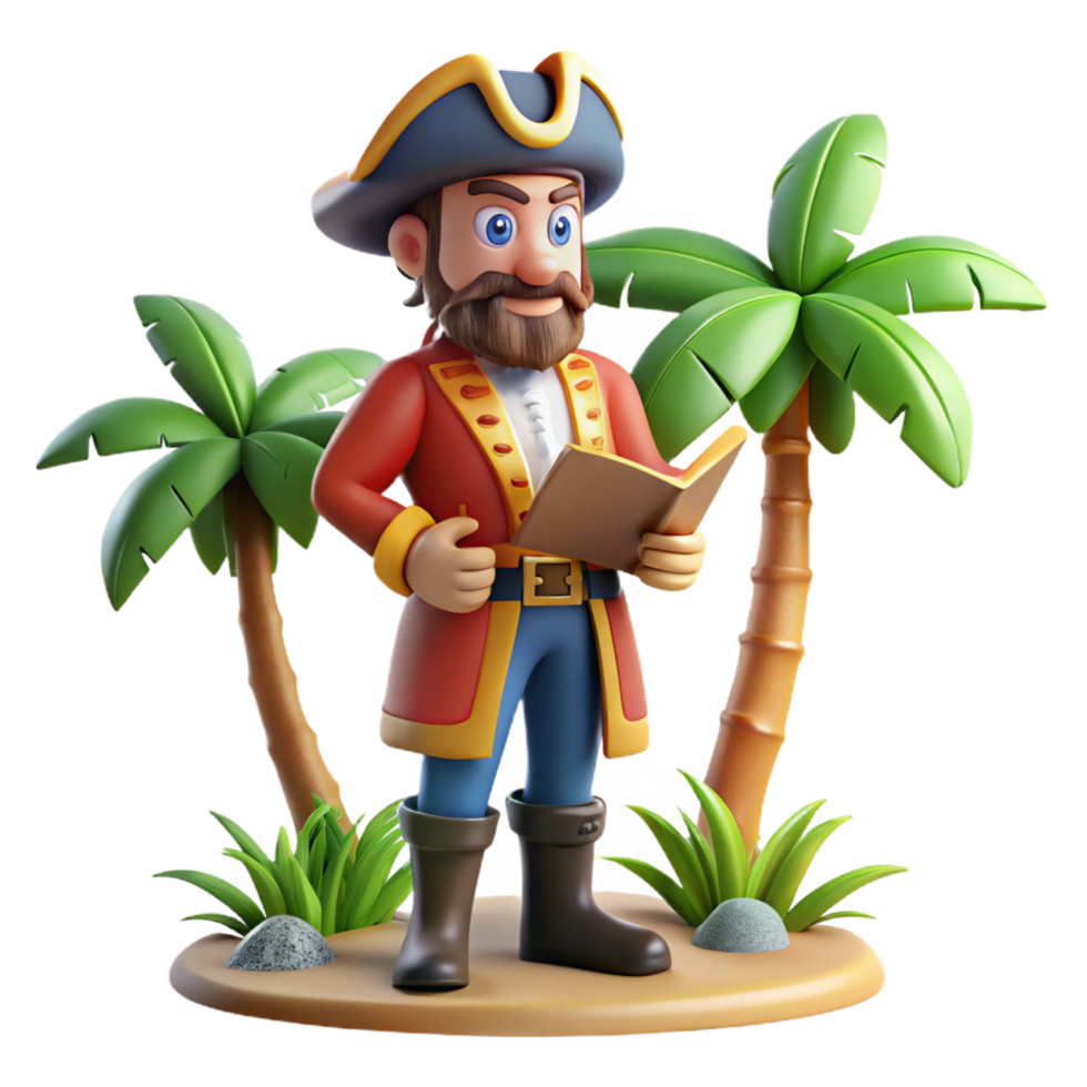 beautiful abstract 3D Cartoon Pirate Reading on Island high quality png
