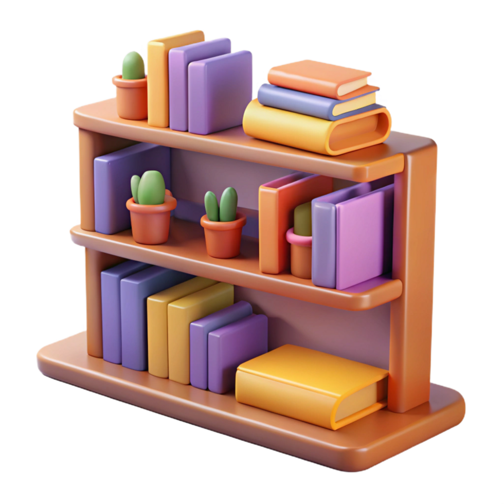 3D Render Bookcase with Plants Illustration png