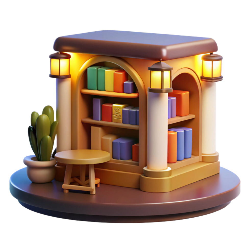 wonderful rustic Cozy 3D Bookstore Illustration high quality png