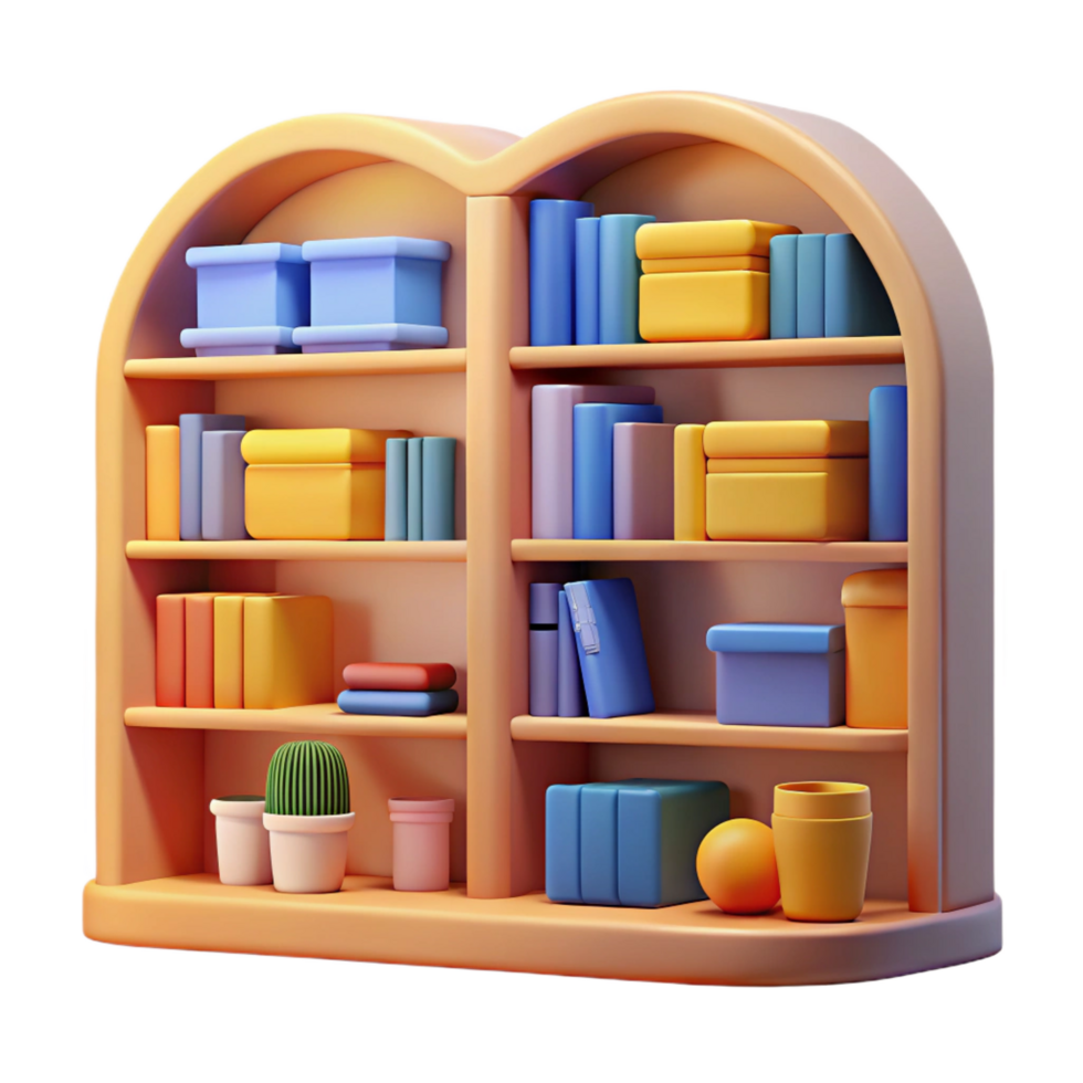 stunning rustic 3D Render of Bookcase with Colorful Books and Objects premium png