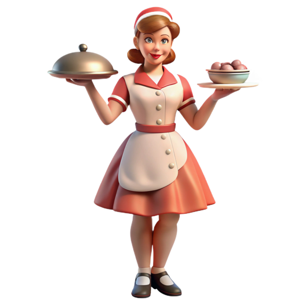 elegant classic Retro Diner Waitress 3D Render premium png