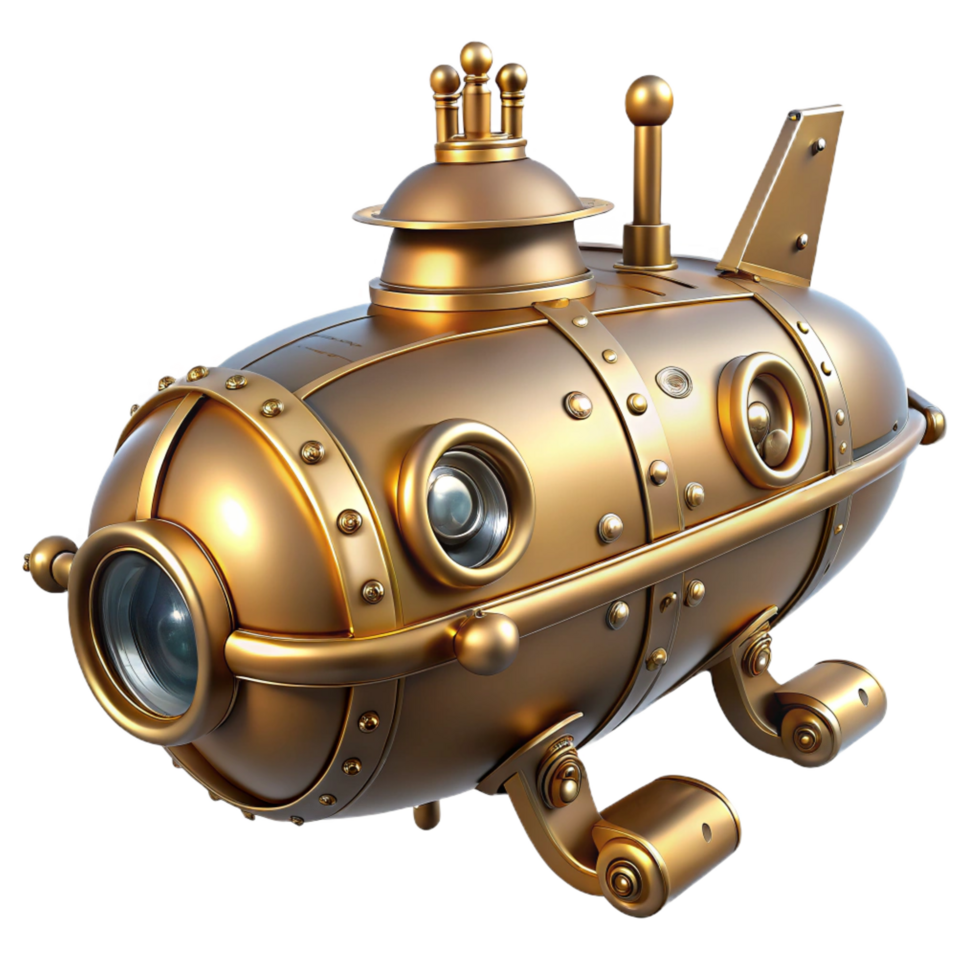 wonderful classic Golden Submarine 3D Render high resolution png