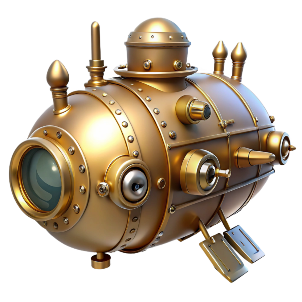 beautiful modern Golden Steampunk Submarine 3D Render exclusive png