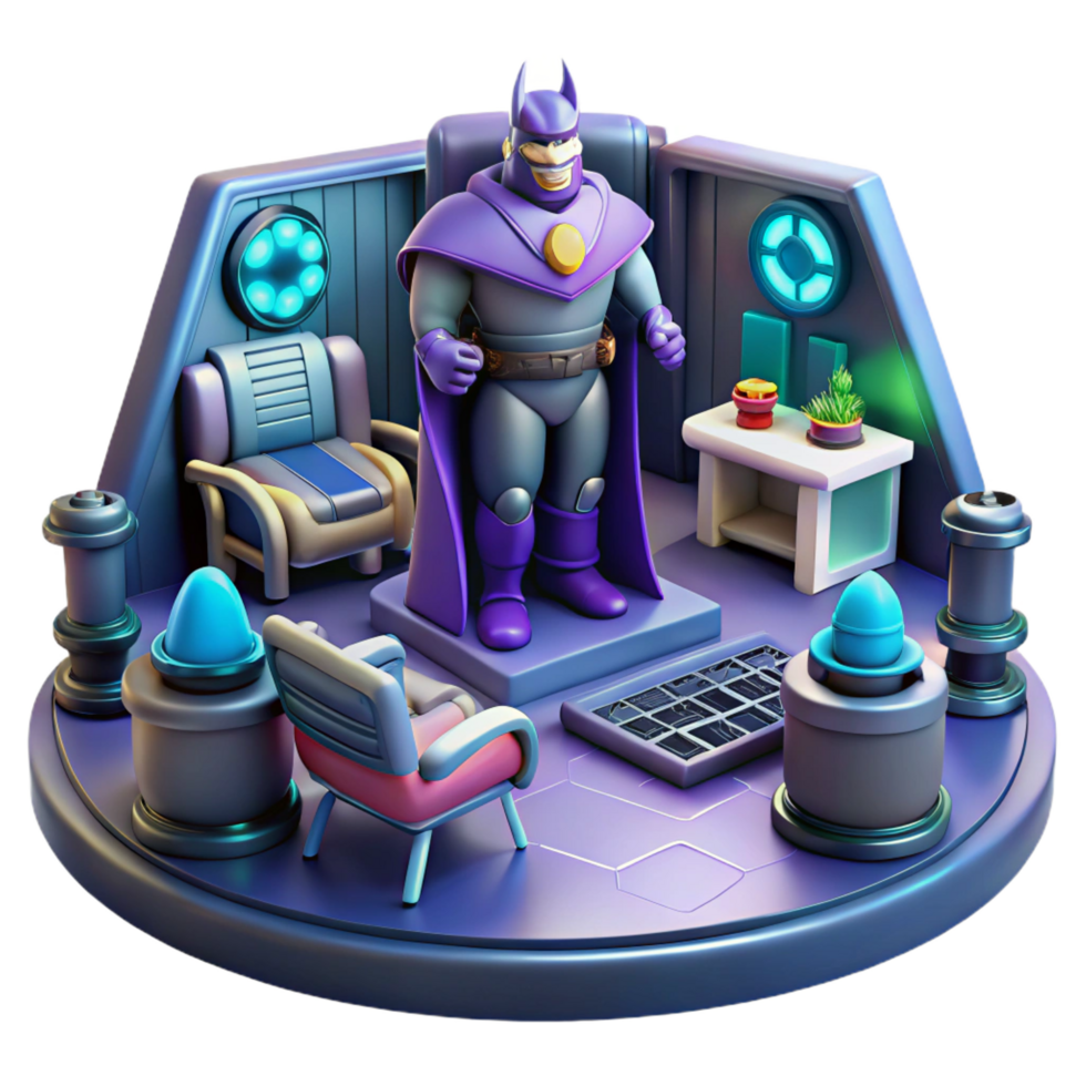 impressive traditional 3D Cartoon Superhero in Futuristic Room professional png