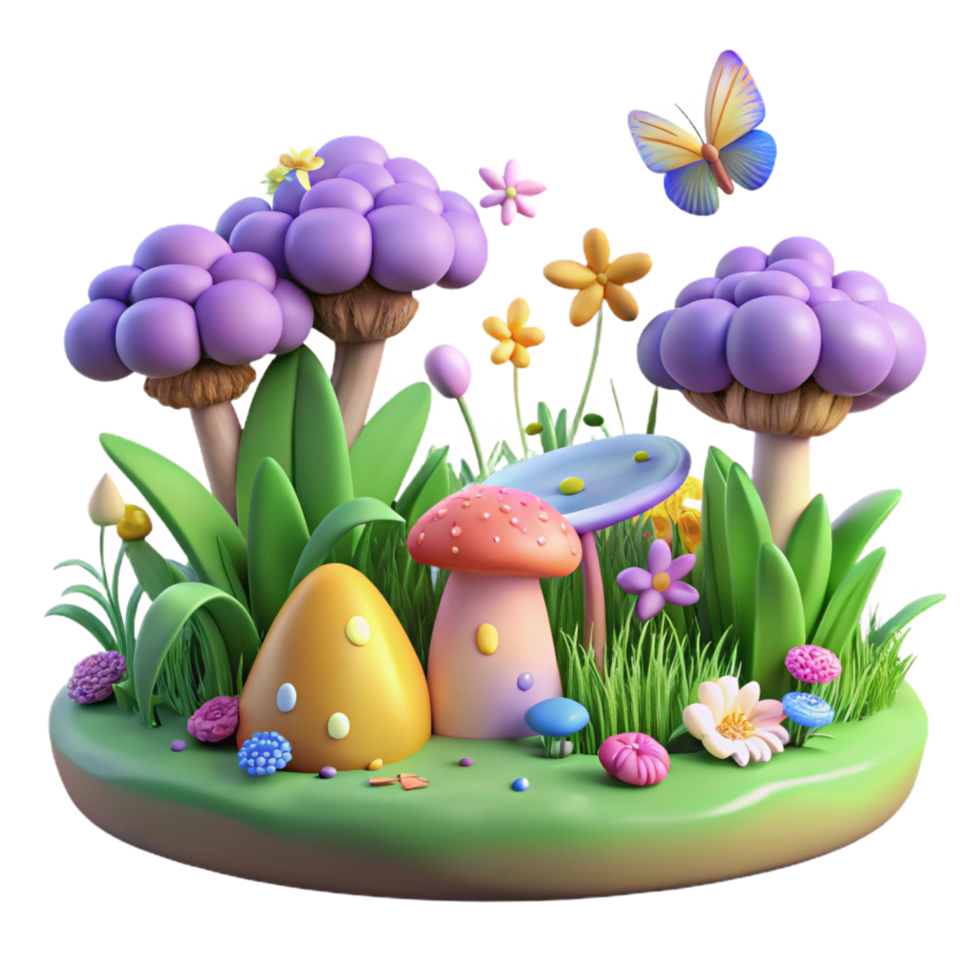 wonderful vintage Whimsical 3D Mushroom Fairy Garden Illustration authentic png